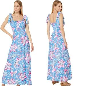 Lilly Pulitzer Kailua Smocked Maxi Dress Blue & Pink Multi Bahamian Rhapsody